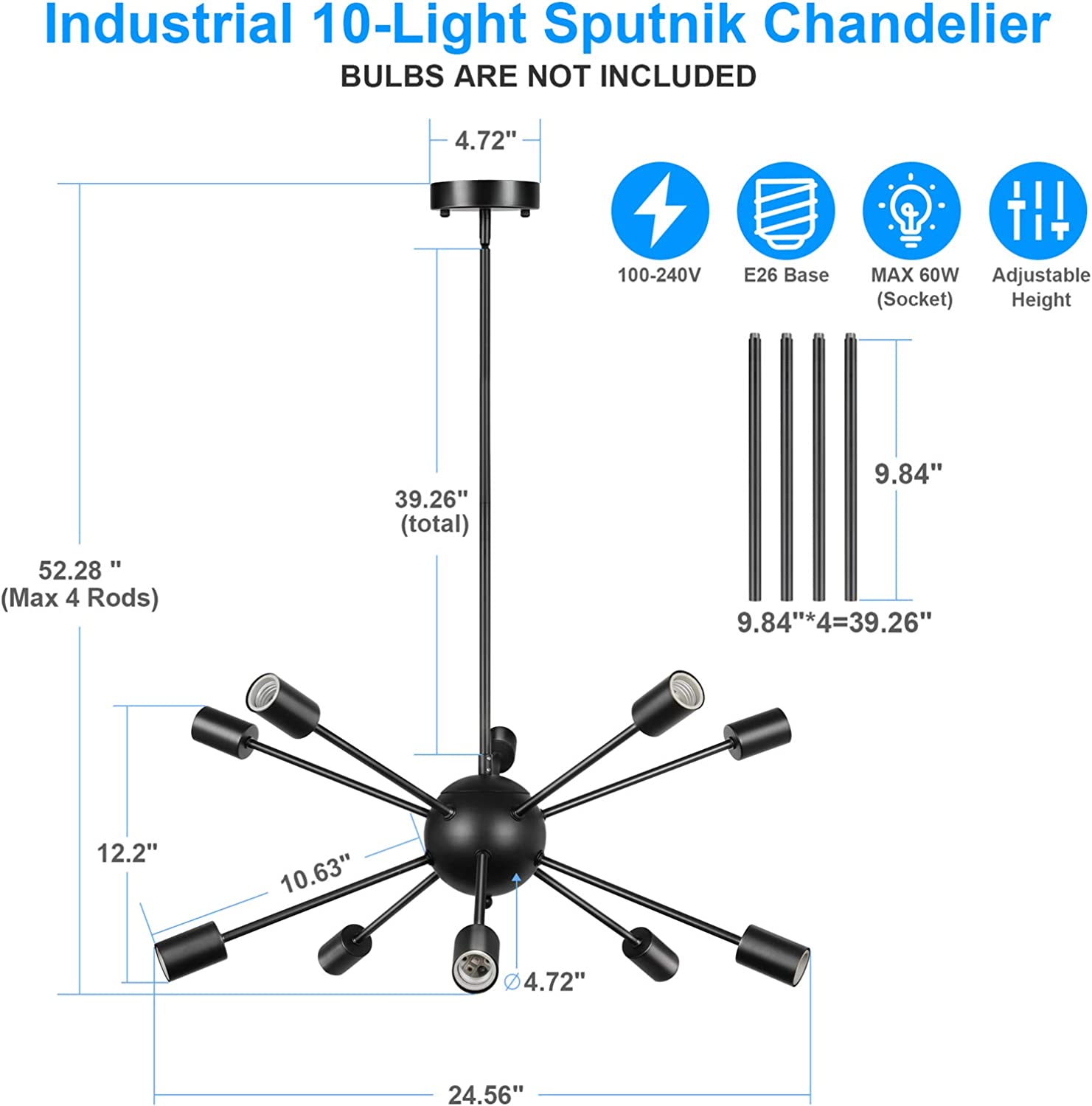 Maxvolador Sputnik Chandeliers 10-Light, Modern Pendant Lighting, Metal Ceiling Light Fixture Adjustable Height, Industrial Vintage Hanging Pendant Light for Kitchen Island Dining Room，Black，Standard size