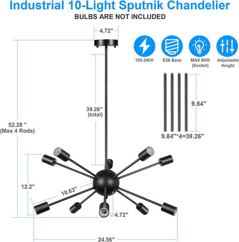 Maxvolador Sputnik Chandeliers 10-Light, Modern Pendant Lighting, Metal Ceiling Light Fixture Adjustable Height, Industrial Vintage Hanging Pendant Light for Kitchen Island Dining Room，Black，Standard size