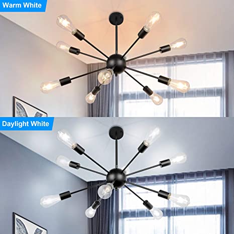 Maxvolador Sputnik Chandeliers 10-Light, Modern Pendant Lighting, Metal Ceiling Light Fixture Adjustable Height, Industrial Vintage Hanging Pendant Light for Kitchen Island Dining Room，Black，Two color temperatures