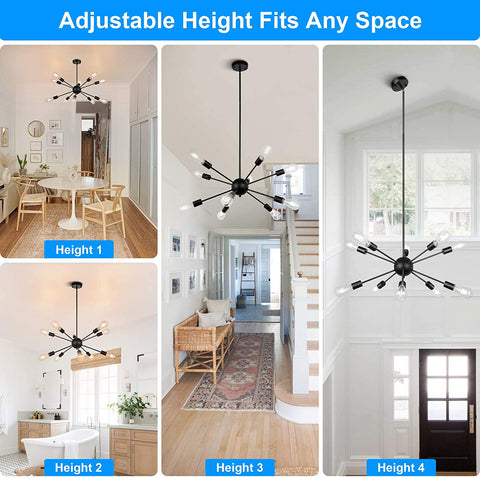 Maxvolador Sputnik Chandeliers 10-Light, Modern Pendant Lighting, Metal Ceiling Light Fixture Adjustable Height, Industrial Vintage Hanging Pendant Light for Kitchen Island Dining Room，Black，Adjustable Height Fits Any Space