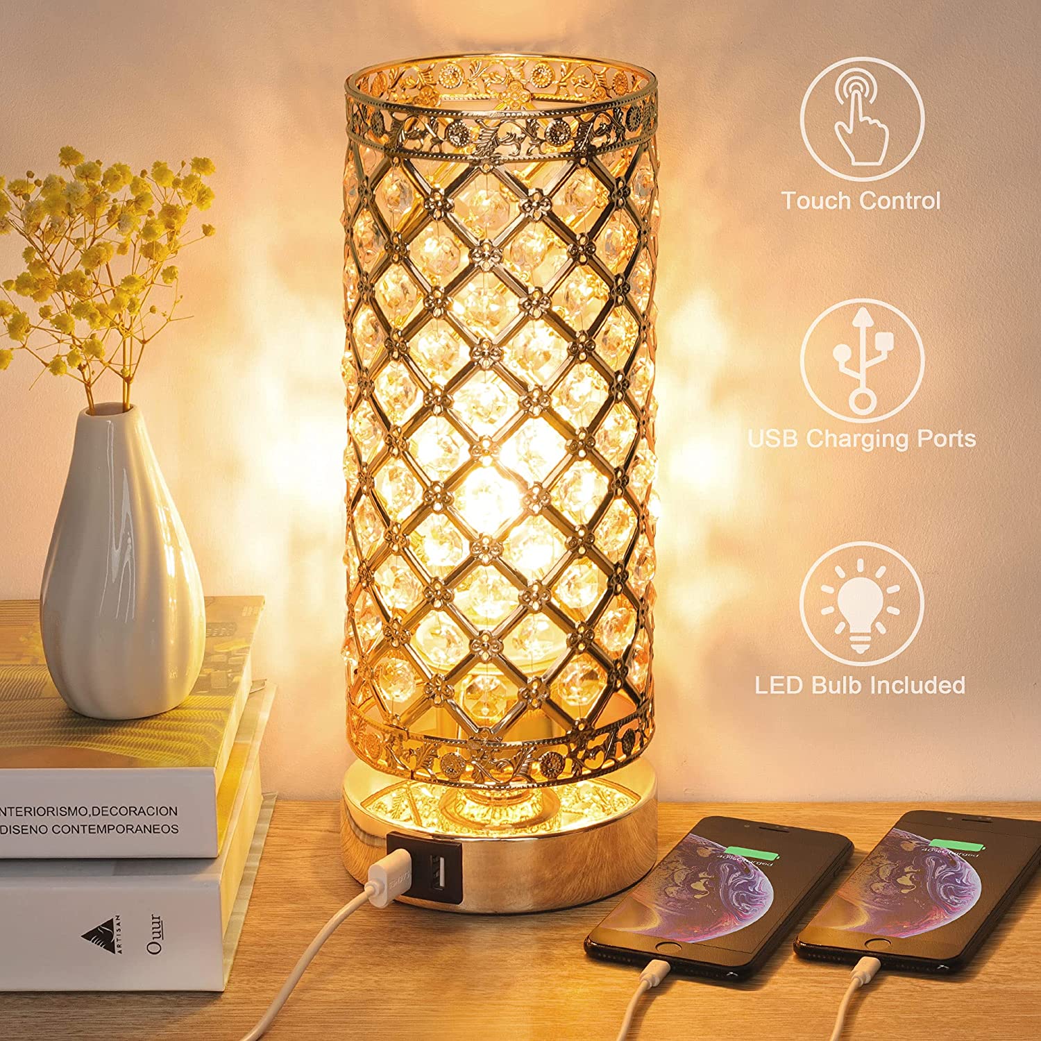 Maxvolador Touch Control Crystal Table Lamp with 2 USB Charging Ports, 3-Way Dimmable Bedside Desk Lamps, Decorative Gold Lampshade, Nightstand Lamp for Bedroom Living Room, T45 E26 LED Bulb Included